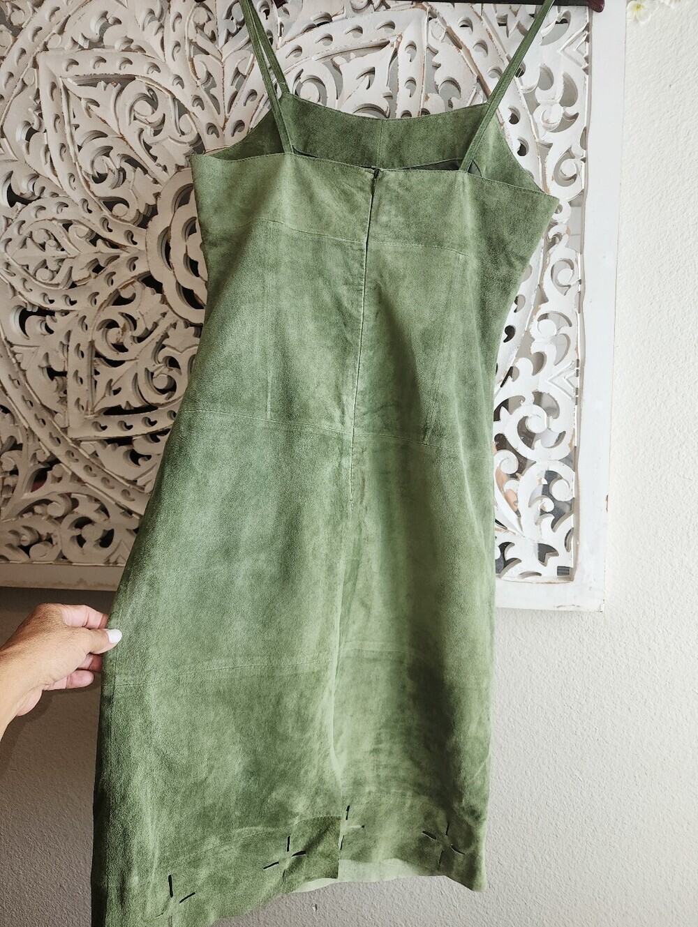 B. ARDEN GENUINE LEATHER SUEDE GREEN TONE MIDI DRESS FITTED SILOHUTTE - Picture 2 of 15